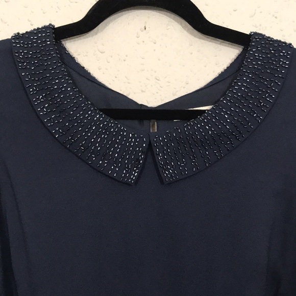 Boden Navy Blue Beaded 3/4 Sleeve Peter Pan Collar Cocktail Dress size 6 - Picture 2 of 14